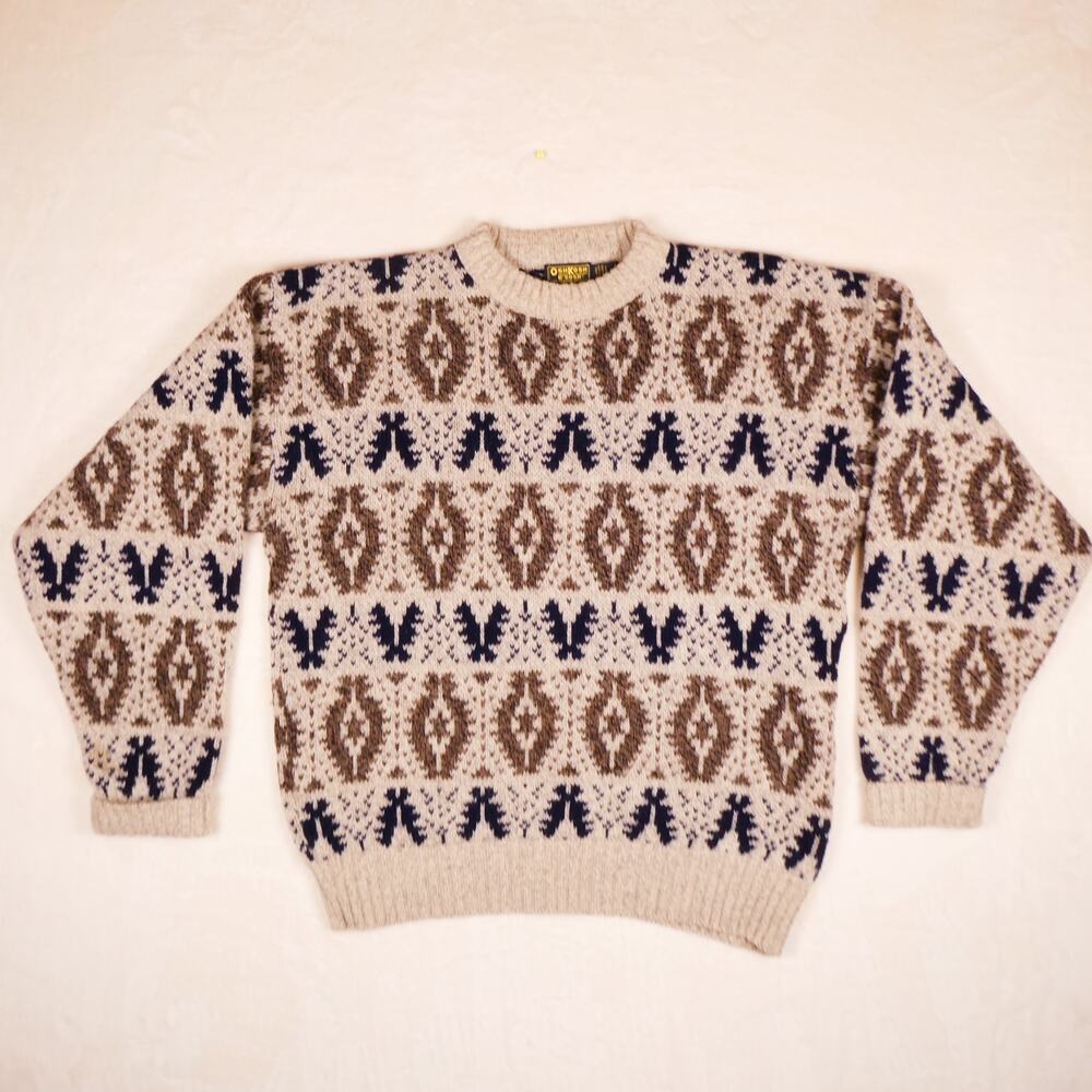 Vintage OshKosh B'Gosh XL Grey Brown Wool Blend Grandpa Sweater Fisherman 80s